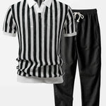 Stripe Johnny Collar Open Knit Polo & Straight Leg Linen Pants