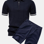 Contrast Trim Zipper Knit Polo Shirt & Cotton Chino Shorts