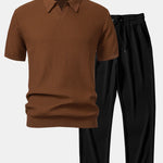 Wave Jacquard Knit V Neck Polo Shirt & Straight Leg Ribbed Pants