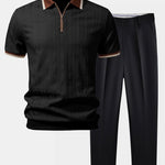 Contrast Trim Textured Zipper Knit Polo & Slim Fit Tapered Trousers