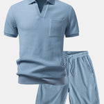 Waffle Johnny Collar Polo With Pocket & Drawstring Knitted Waffle Shorts