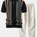 Stripe Knit Zip Up Polo Shirt & Straight Leg Linen Pants