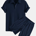 Short Sleeved Waffle Polo & Drawstring Knitted Waffle Shorts