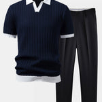 Contrast Textured Johnny Collar Knit Polo & Slim Fit Tapered Trousers