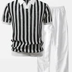 Stripe Johnny Collar Open Knit Polo & Straight Leg Linen Pants