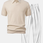 Wave Jacquard Knit V Neck Polo Shirt & Straight Leg Ribbed Pants