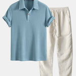 Short Sleeved Waffle Polo & Straight Leg Linen Pants