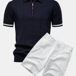 Contrast Trim Zipper Knit Polo Shirt & Cotton Chino Shorts