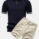 Contrast Trim Zipper Knit Polo Shirt & Cotton Chino Shorts