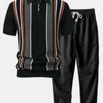 Stripe Knit Zip Up Polo Shirt & Straight Leg Linen Pants