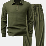 Long Sleeved Knitted Waffle Polo Shirt & Drawstring Knitted Waffle Pants
