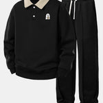Relax Fit Ghost Drinking Coffee Print Contrast Polo Sweatshirt & Straight Leg Pleated Pintuck Sweatpants