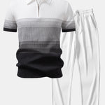 Striped Gradient Knitted Polo Shirt & Straight Leg Ribbed Pants