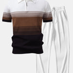 Striped Gradient Knitted Polo Shirt & Straight Leg Ribbed Pants