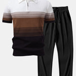 Striped Gradient Knitted Polo Shirt & Straight Leg Ribbed Pants