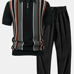 Stripe Knit Zip Up Polo Shirt & Straight Leg Ribbed Pants