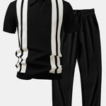Stripe Johnny Collar Knit Polo & Straight Leg Ribbed Pants