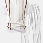 Stripe Knit Zip Up Polo Shirt & Straight Leg Ribbed Pants