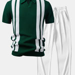 Stripe Johnny Collar Knit Polo & Straight Leg Ribbed Pants