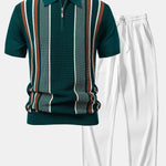 Stripe Knit Zip Up Polo Shirt & Straight Leg Ribbed Pants