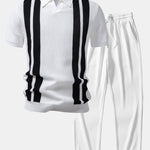 Stripe Johnny Collar Knit Polo & Straight Leg Ribbed Pants