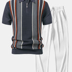 Stripe Knit Zip Up Polo Shirt & Straight Leg Ribbed Pants
