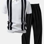 Stripe Johnny Collar Knit Polo & Straight Leg Ribbed Pants