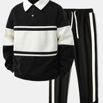 Relax Fit Color Block Patchwork Polo Sweatshirt & Slit Hem Stripe Pants