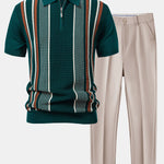 Stripe Knit Zip Up Polo Shirt & Slim Fit Tapered Trousers