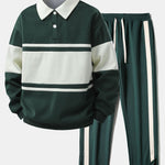 Relax Fit Color Block Patchwork Polo Sweatshirt & Slit Hem Stripe Pants