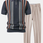 Stripe Knit Zip Up Polo Shirt & Slim Fit Tapered Trousers