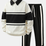 Relax Fit Color Block Patchwork Polo Sweatshirt & Slit Hem Stripe Pants