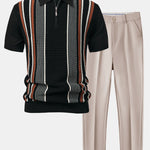 Stripe Knit Zip Up Polo Shirt & Slim Fit Tapered Trousers