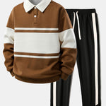 Relax Fit Color Block Patchwork Polo Sweatshirt & Slit Hem Stripe Pants