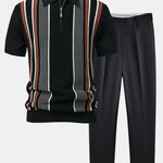 Stripe Knit Zip Up Polo Shirt & Slim Fit Tapered Trousers