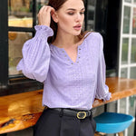 Zeagoo Women Casual V Neck T-Shirts Ruffle Long Sleeve Shirt Eyelet Loose Blouses S-XXL
