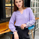 Zeagoo Women Casual V Neck T-Shirts Ruffle Long Sleeve Shirt Eyelet Loose Blouses S-XXL