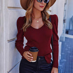 Zeagoo V Neck Sweaters Casual Puff Sleeve Pullover Sweater