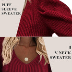 Zeagoo V Neck Sweaters Casual Puff Sleeve Pullover Sweater