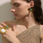 Vintage Gold Inlaid Turquoise Heart Earrings, Ring & Bracelet Set