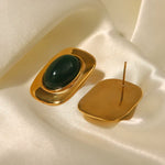Vintage 18K Gold-Plated Green Opal Oval Earrings