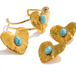 Vintage Gold Inlaid Turquoise Heart Earrings, Ring & Bracelet Set