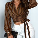 Zeagoo Stylish Striped Long Sleeve Wrap Crop Top for Women Casual Work Office Loose Fit 2026 | Under $40