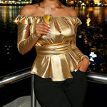 Zeagoo Shiny Metallic Peplum Off The Shoulder Top for Women Elegant Office Work 2026 | Under $40