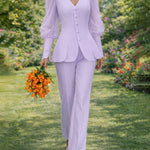 Zeagoo Women's Chic Sheer Puff Sleeve Blouse Pants Suit Set