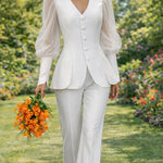 Zeagoo Women's Chic Sheer Puff Sleeve Blouse Pants Suit Set