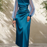 Zeagoo Women's Classic Satin Mesh Sleeve Ruched Maxi Wrap Dress