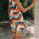 Vintage Bold Wave Print Fringe Cotton Tank Dress