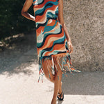 Vintage Bold Wave Print Fringe Cotton Tank Dress