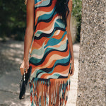 Vintage Bold Wave Print Fringe Cotton Tank Dress